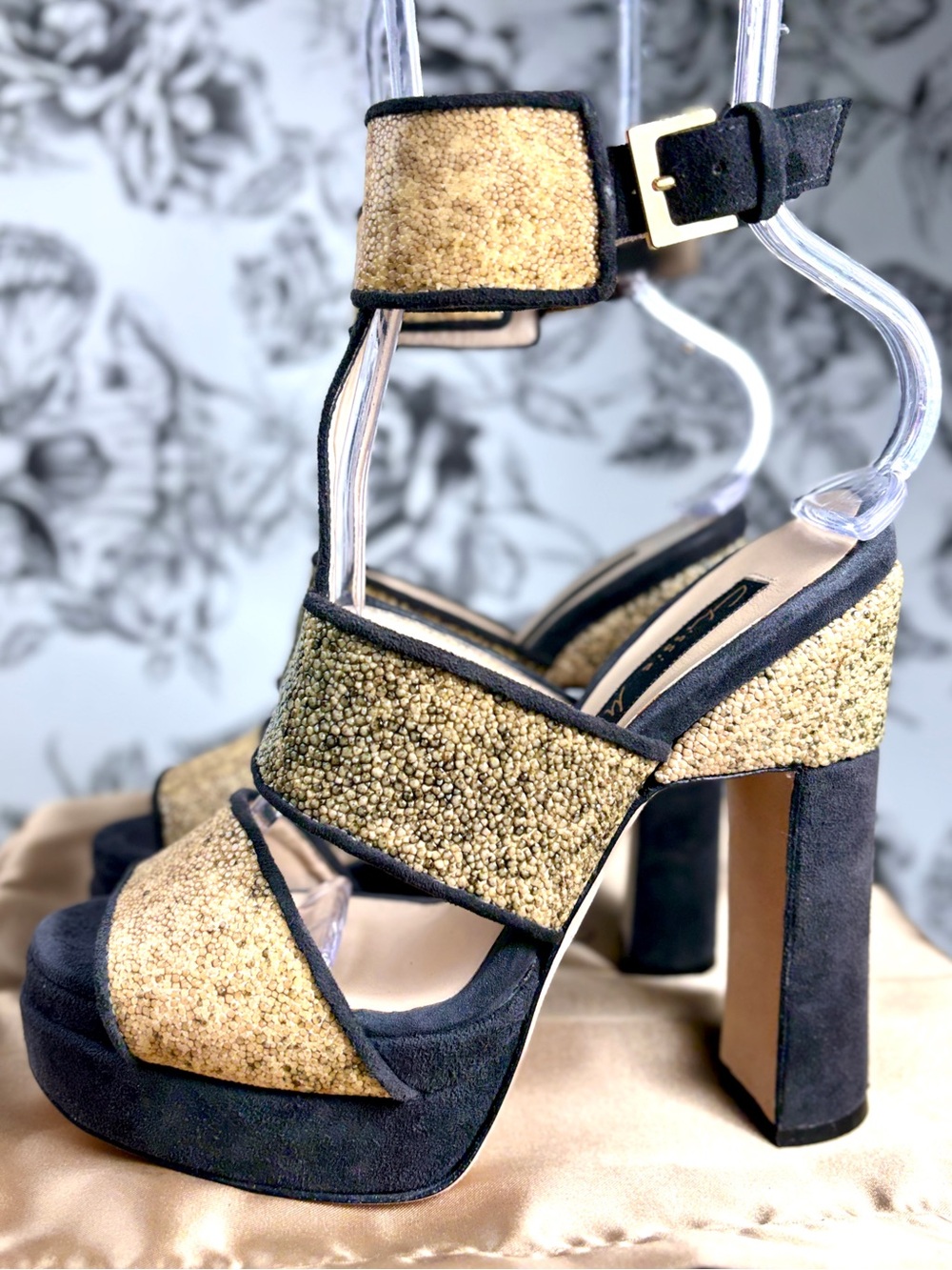 Chrissie Morris “Criss” Tan Stingray & Blk Suede Chunky 130mm Heel Sz 6.5 & 9.5